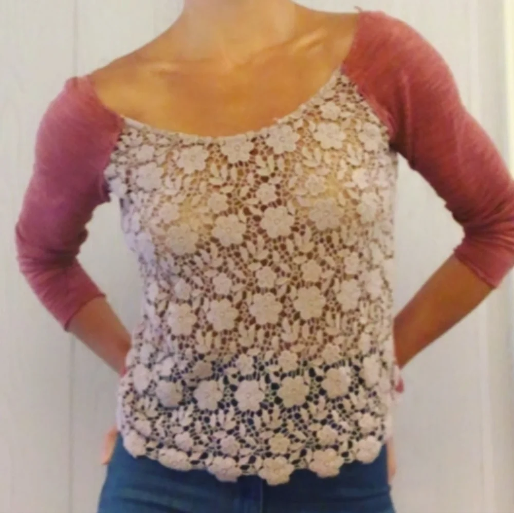Free People Crochet Daisy Lace Ragland Long Sleeves Scoop Neck Top